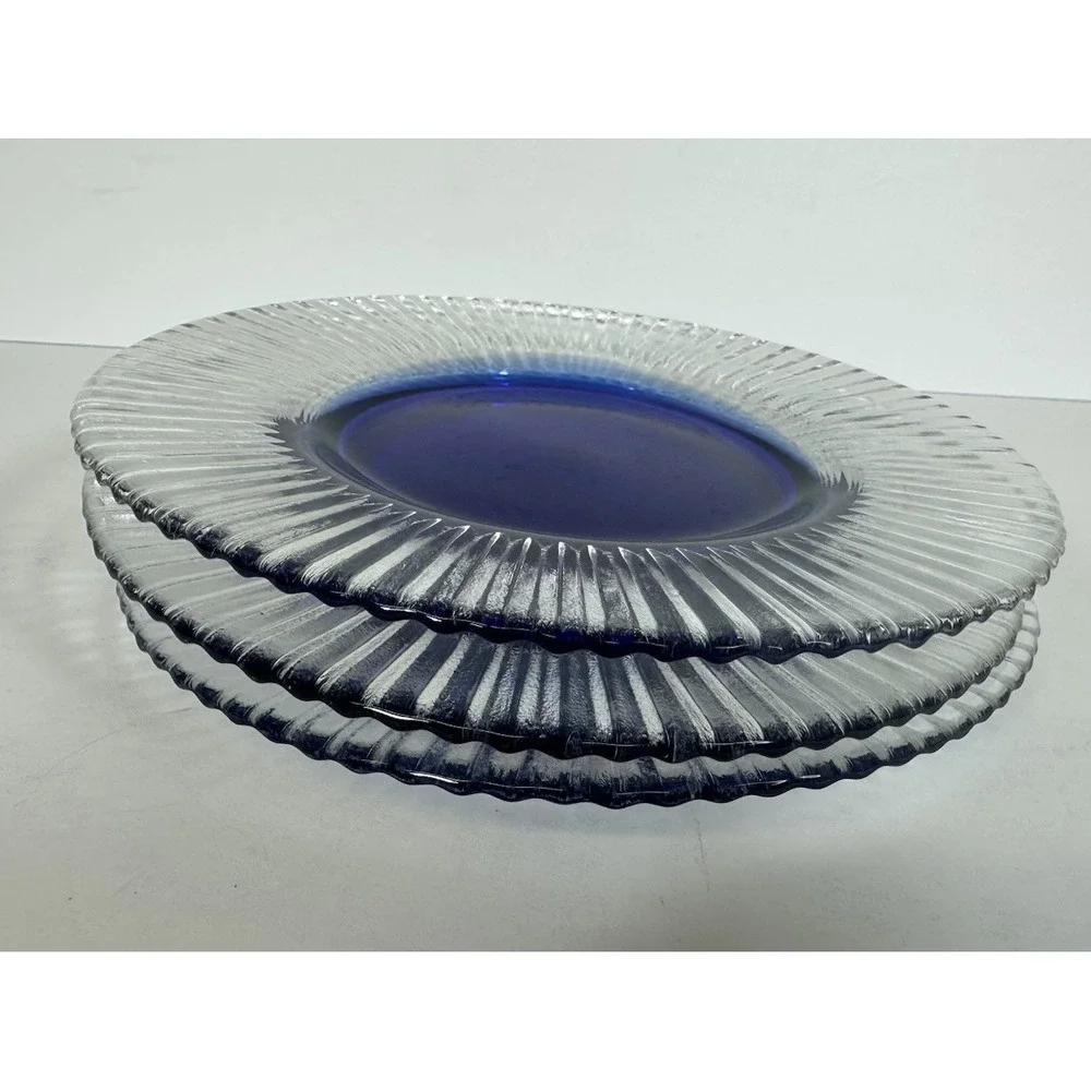Pier 1 Salad Plates Glass Clear & Cobalt Blue Center Ribbed 8.25